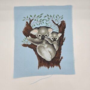 Handmade Koala Cross Stitch Wall Art – Mama and Baby Koala Embroidery on Blue Ai